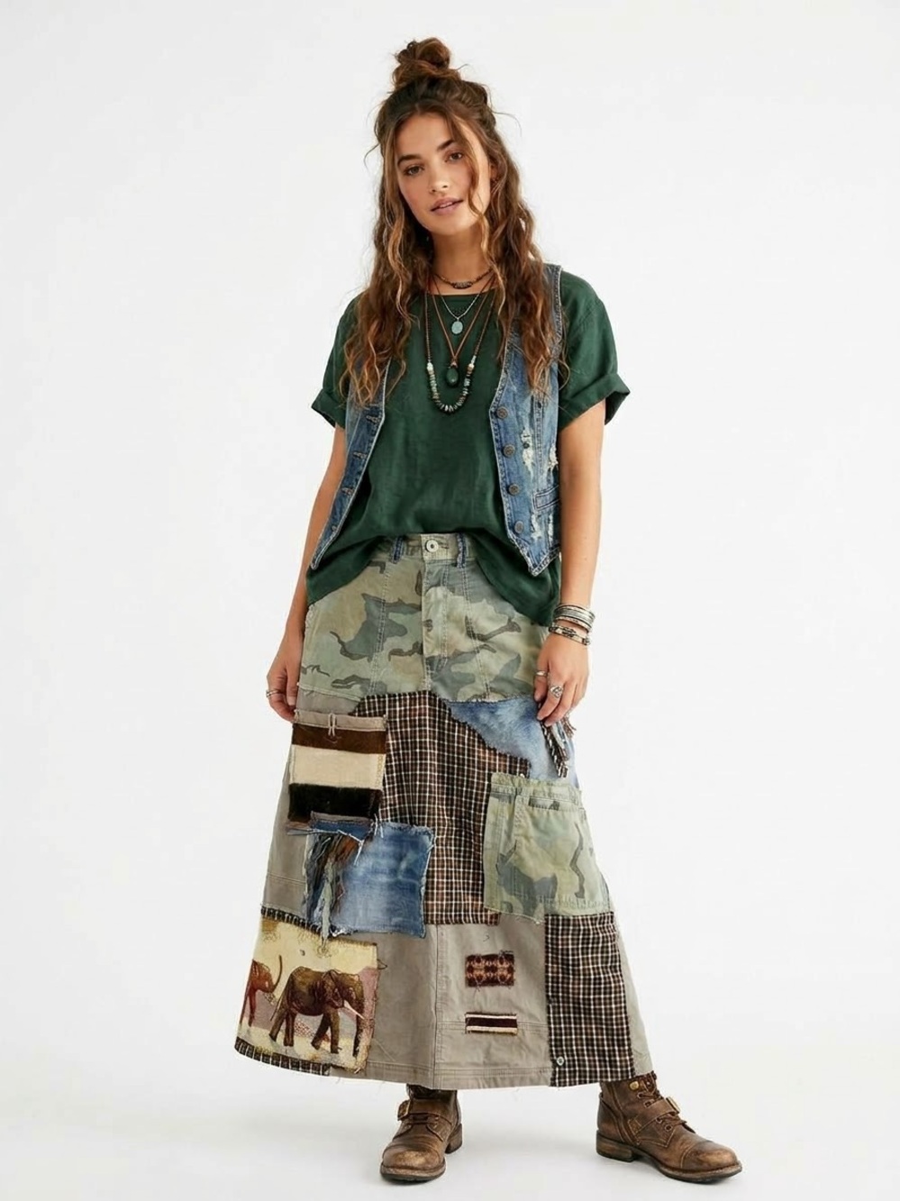 Upcycled Grunge Utility Maxi Skirt Elephants Artsy Boho Camo Denim Large